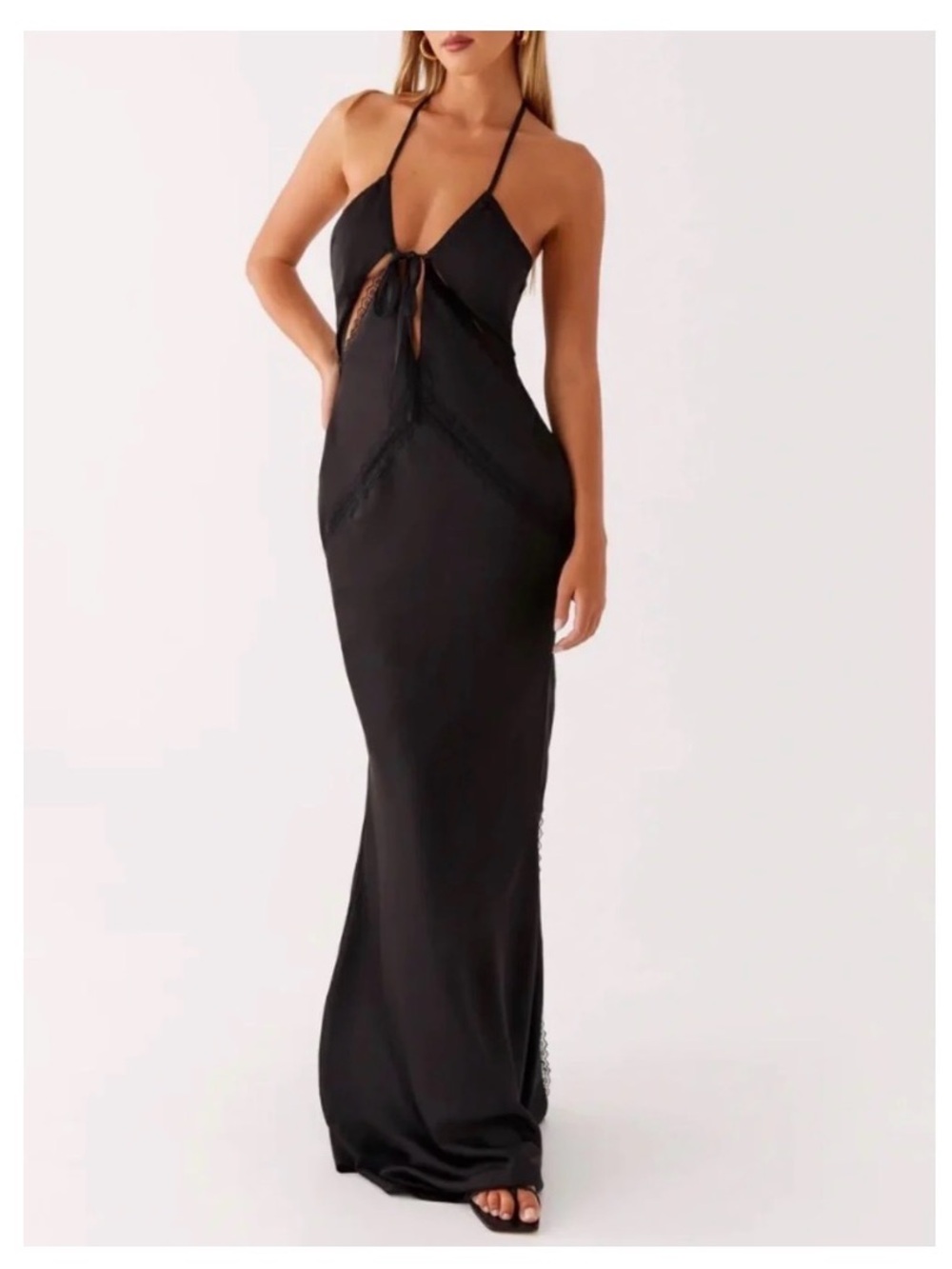 Peppermayo Black Halter Tie-Front Maxi Dress